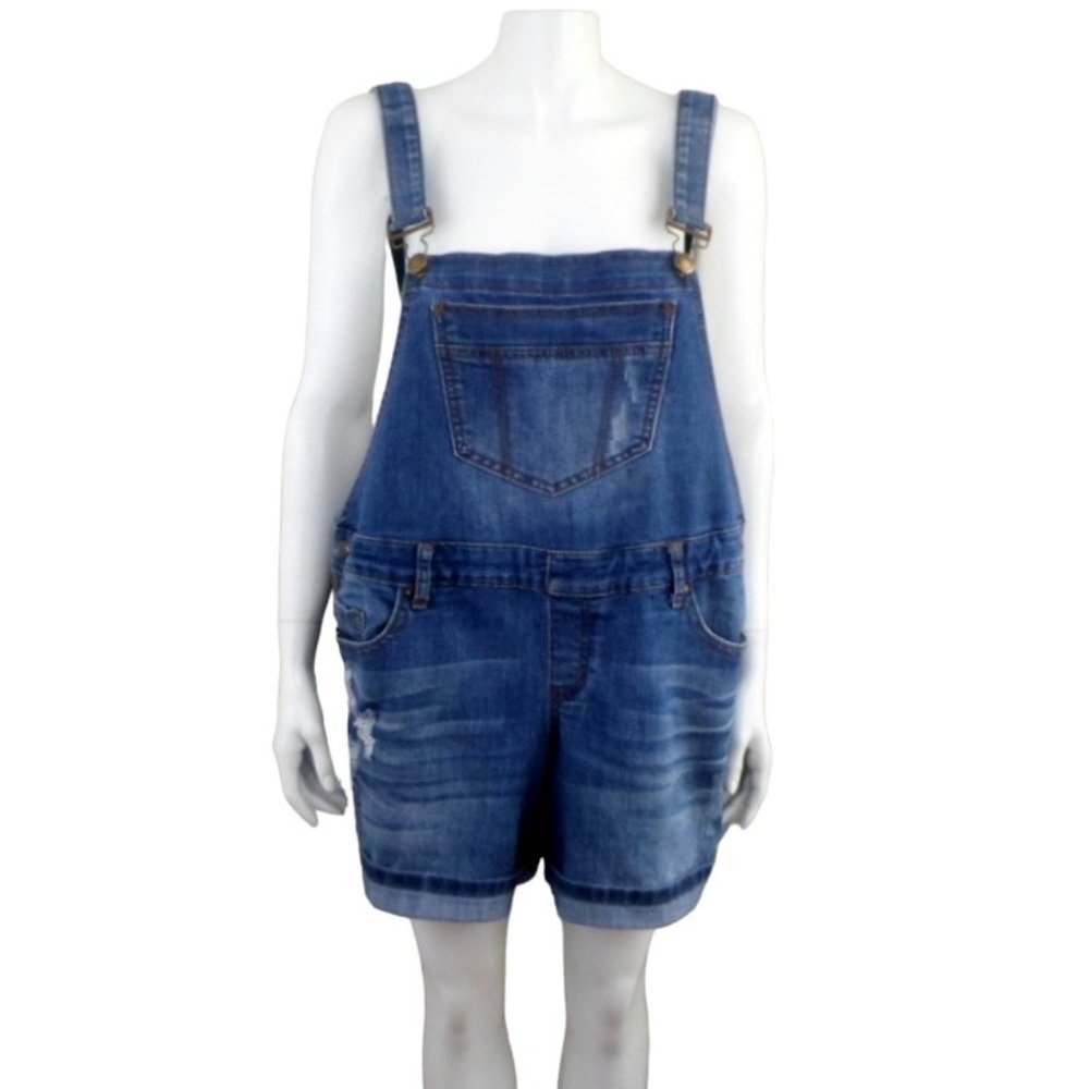 Lane Bryant Denim Bib Short Overalls Shortalls sz 14 Distressed Medium Wash Blue